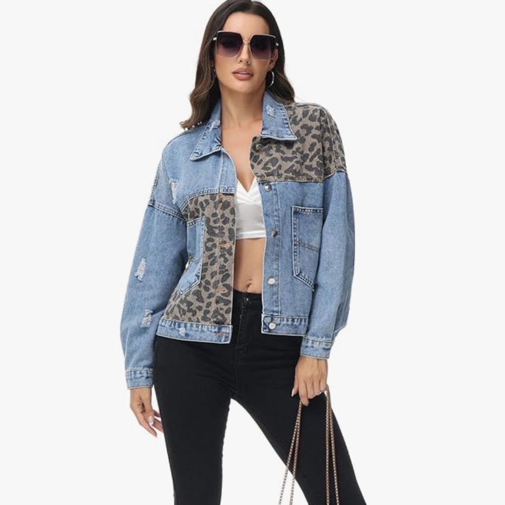 Denim Jacket with Leopard Print Accents